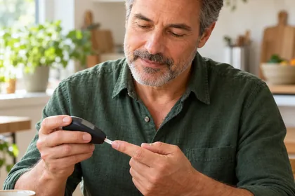 Man checking his blood sugar at the kitchen table
