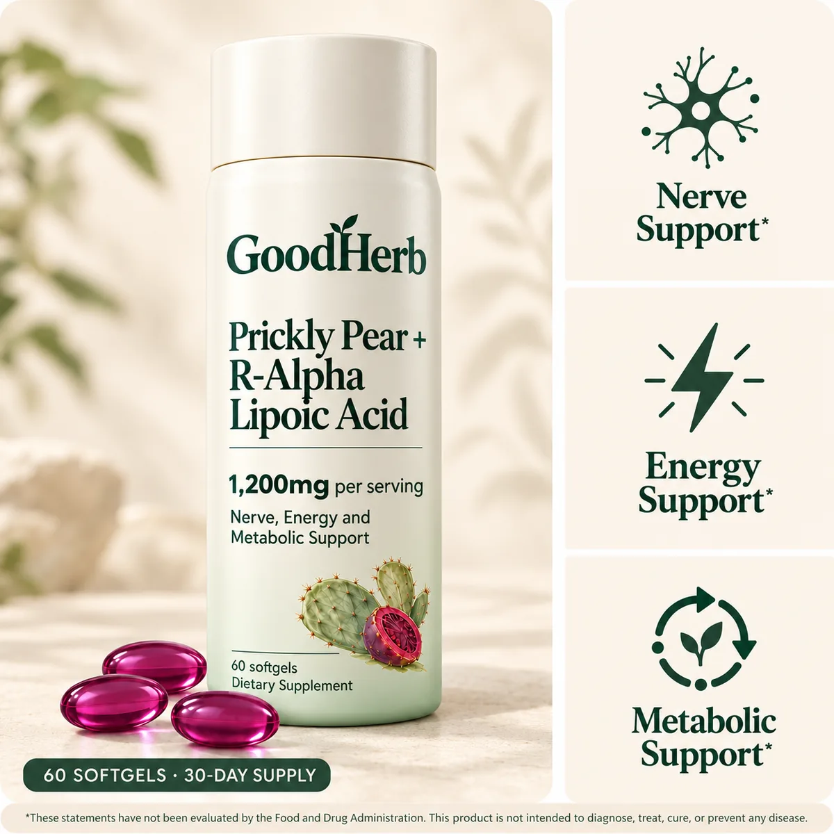 GoodHerb Prickly Pear + R-Alpha Lipoic Acid bottle with softgels — nerve, energy and metabolic support