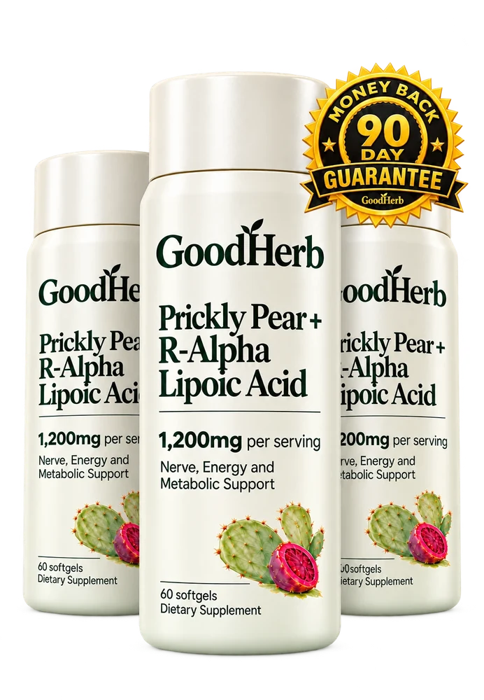 Three bottles of GoodHerb with the 90-Day Money-Back Guarantee seal