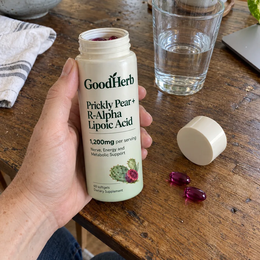 Hand holding a bottle of GoodHerb Prickly Pear + R-Alpha Lipoic Acid