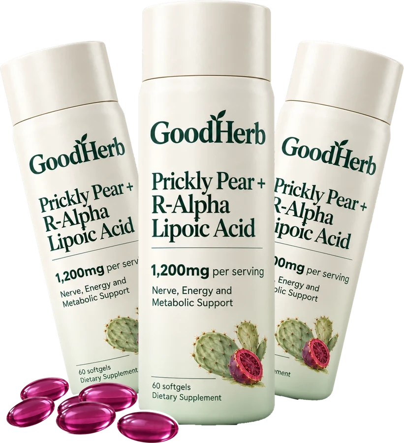 Three bottles of GoodHerb Prickly Pear + R-Alpha Lipoic Acid with softgels