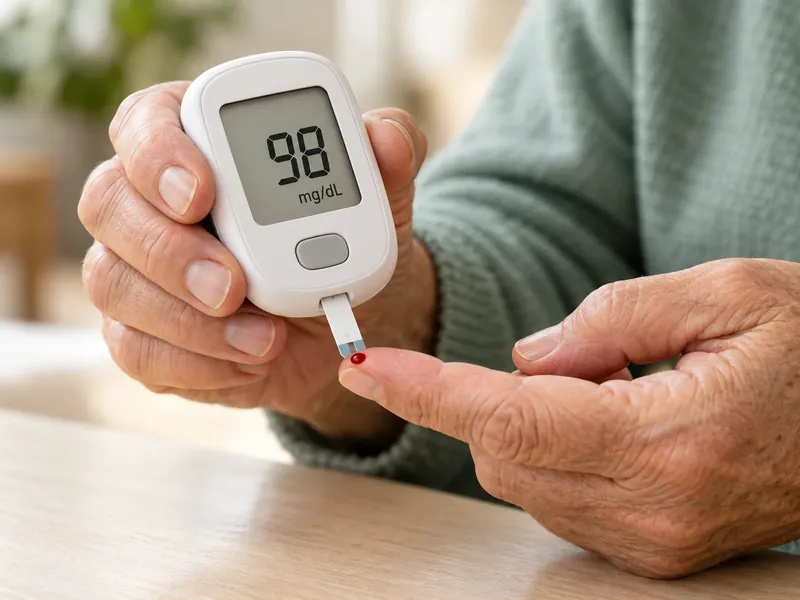 Glucose meter showing a healthy 98 mg/dL reading