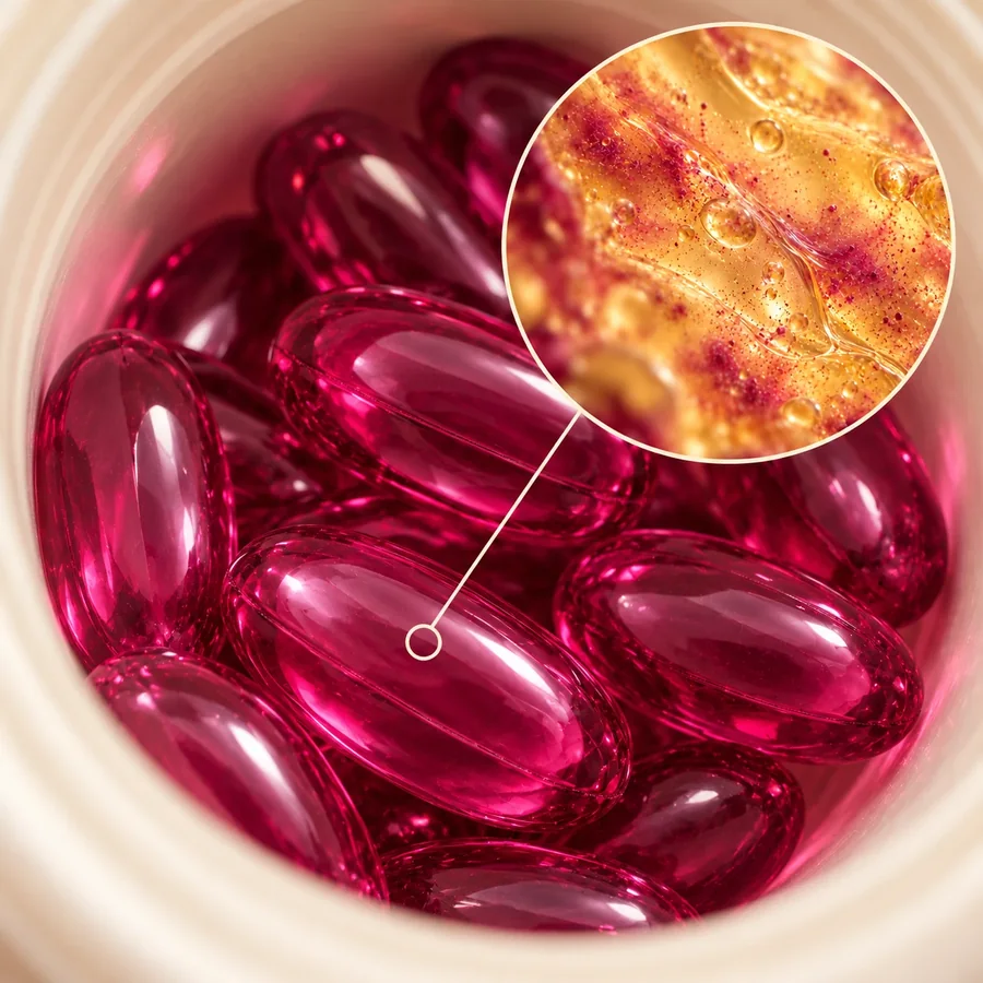 Close-up of GoodHerb softgels in the bottle, with a magnified view of the oil inside
